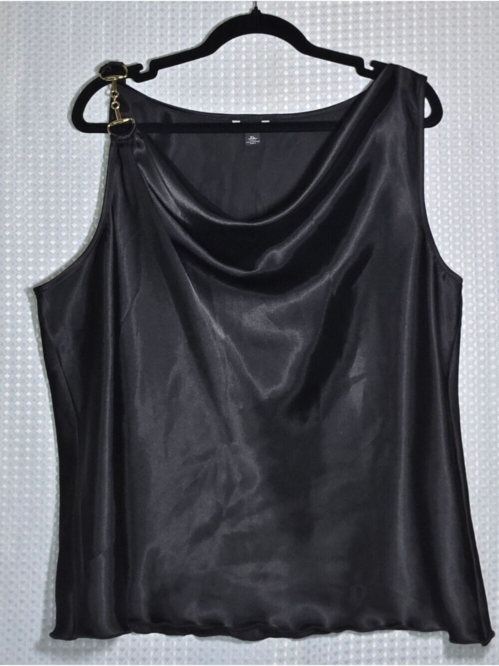 Cache XL Black Satin Cowl Neck Top Gold Buckle Shoulder Cocktail Chic - Picture 7 of 12